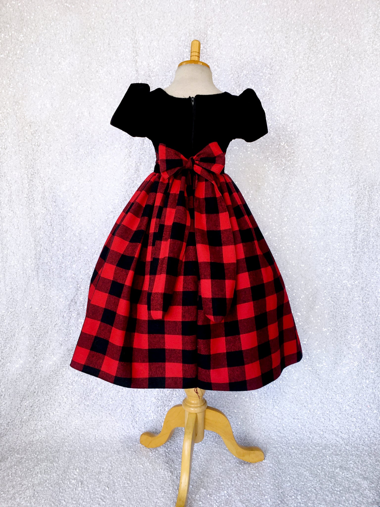 Velvet Plaid Red Black Buffalo Cotton Short Sleeve Dress