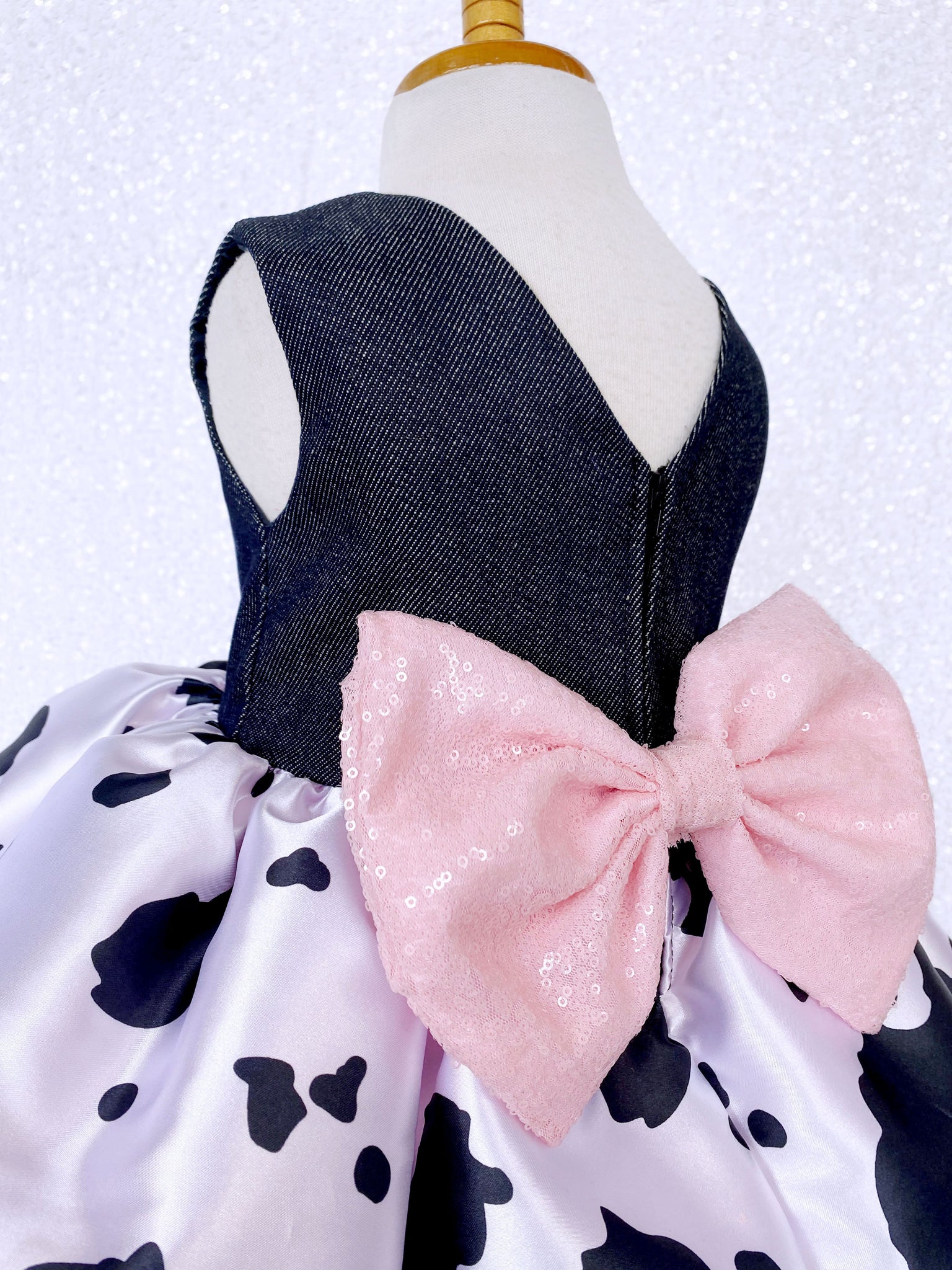 Denim Cowgirl V-Back Pink Tulle Sleeveless Dress Sequin Bow