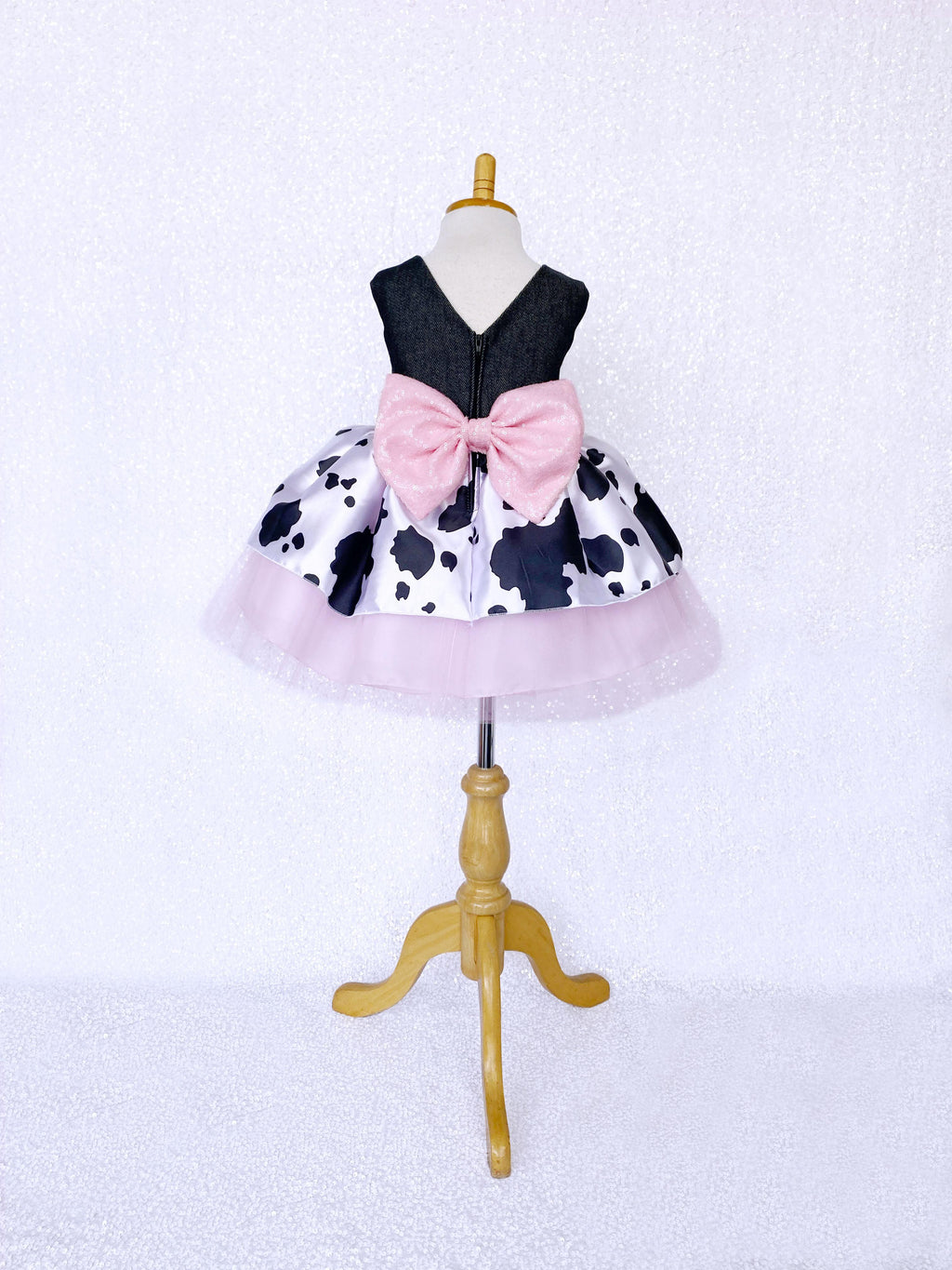 Denim Cowgirl V-Back Pink Tulle Sleeveless Dress Sequin Bow