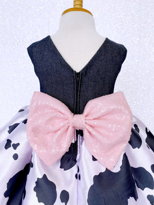 Denim Cowgirl V-Back Pink Tulle Sleeveless Dress Sequin Bow