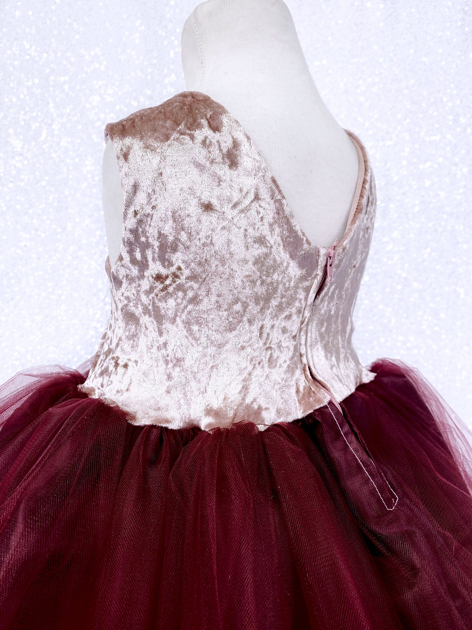 Sleeveless Rose Gold Crushed Velvet 2 Layer Burgundy Tulle V-Back Gown