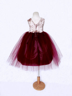 Sleeveless Rose Gold Crushed Velvet 2 Layer Burgundy Tulle V-Back Gown