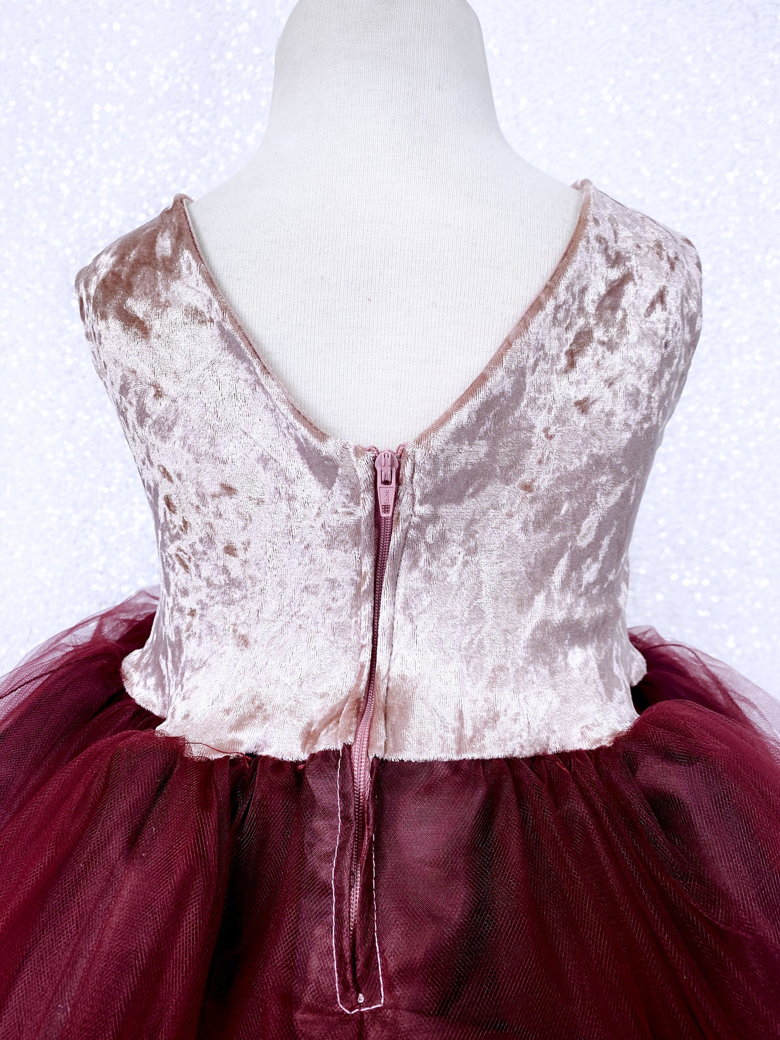 Sleeveless Rose Gold Crushed Velvet 2 Layer Burgundy Tulle V-Back Gown