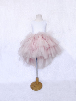 White Sequin V Back Sleeveless Blush Tulle High Low Girl Dress