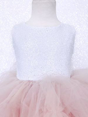 White Sequin V Back Sleeveless Blush Tulle High Low Girl Dress