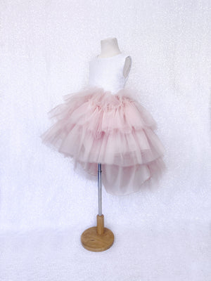 White Sequin V Back Sleeveless Blush Tulle High Low Girl Dress