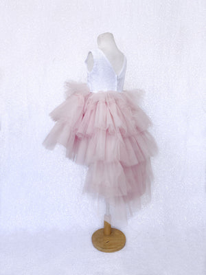 White Sequin V Back Sleeveless Blush Tulle High Low Girl Dress