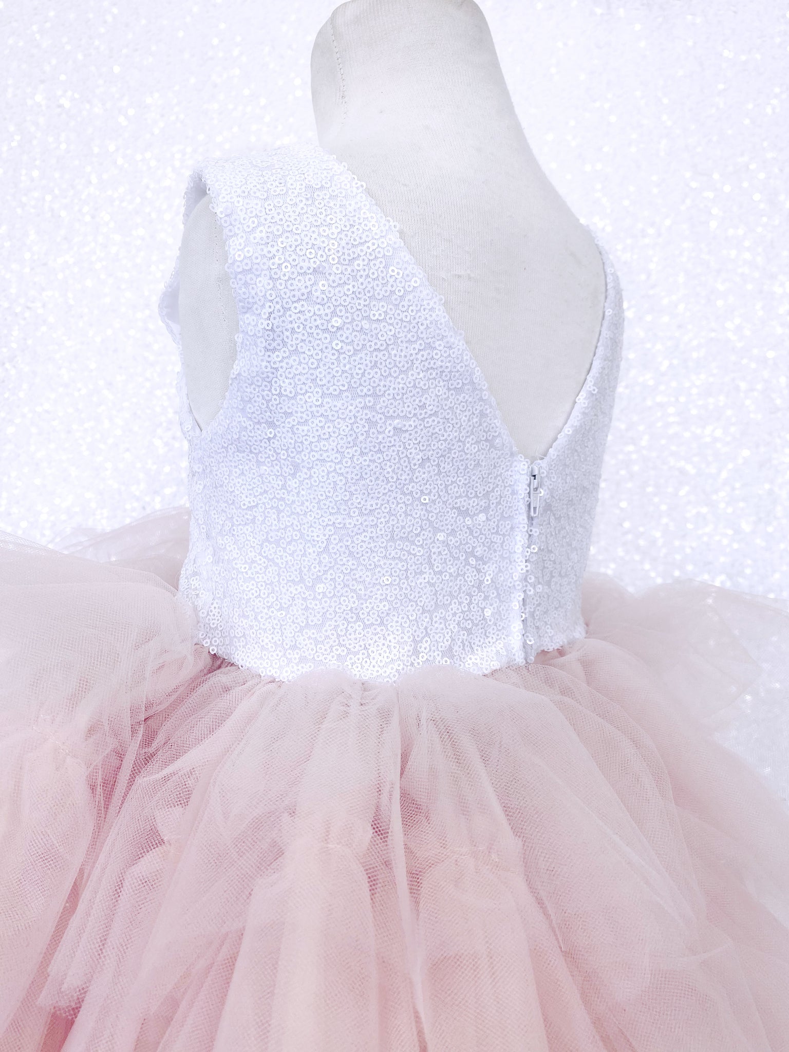 White Sequin V Back Sleeveless Blush Tulle High Low Girl Dress