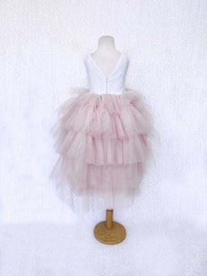 White Sequin V Back Sleeveless Blush Tulle High Low Girl Dress