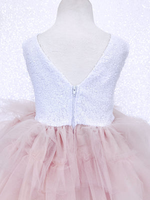 White Sequin V Back Sleeveless Blush Tulle High Low Girl Dress