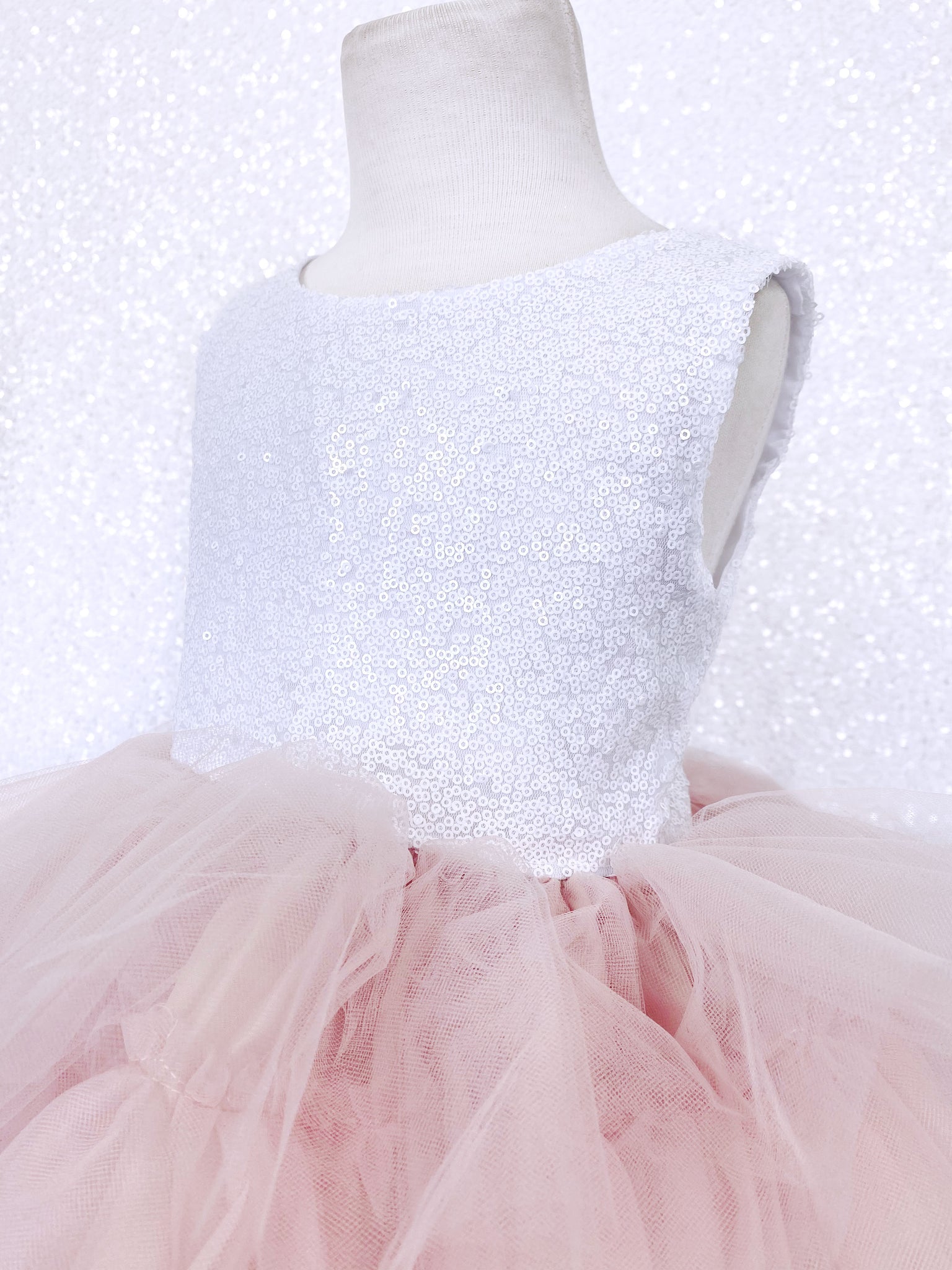 White Sequin V Back Sleeveless Blush Tulle High Low Girl Dress