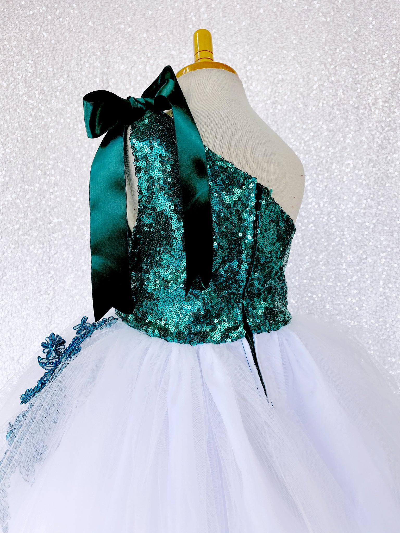 Teal One Shoulder Mini Sequence Ribbon White Fishing Line Tulle Dress