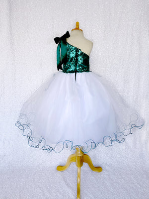 Teal One Shoulder Mini Sequence Ribbon White Fishing Line Tulle Dress