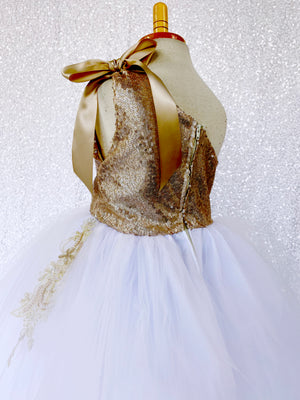 2 Layer Fishing Line Tulle Mini Sequence One Shoulder Champagne Gown