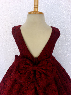 Burgundy French Lace V-Back Sleeveless Dress Bow