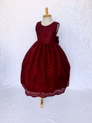 Burgundy French Lace V-Back Sleeveless Dress Bow