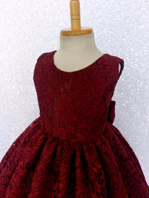 Burgundy French Lace V-Back Sleeveless Dress Bow