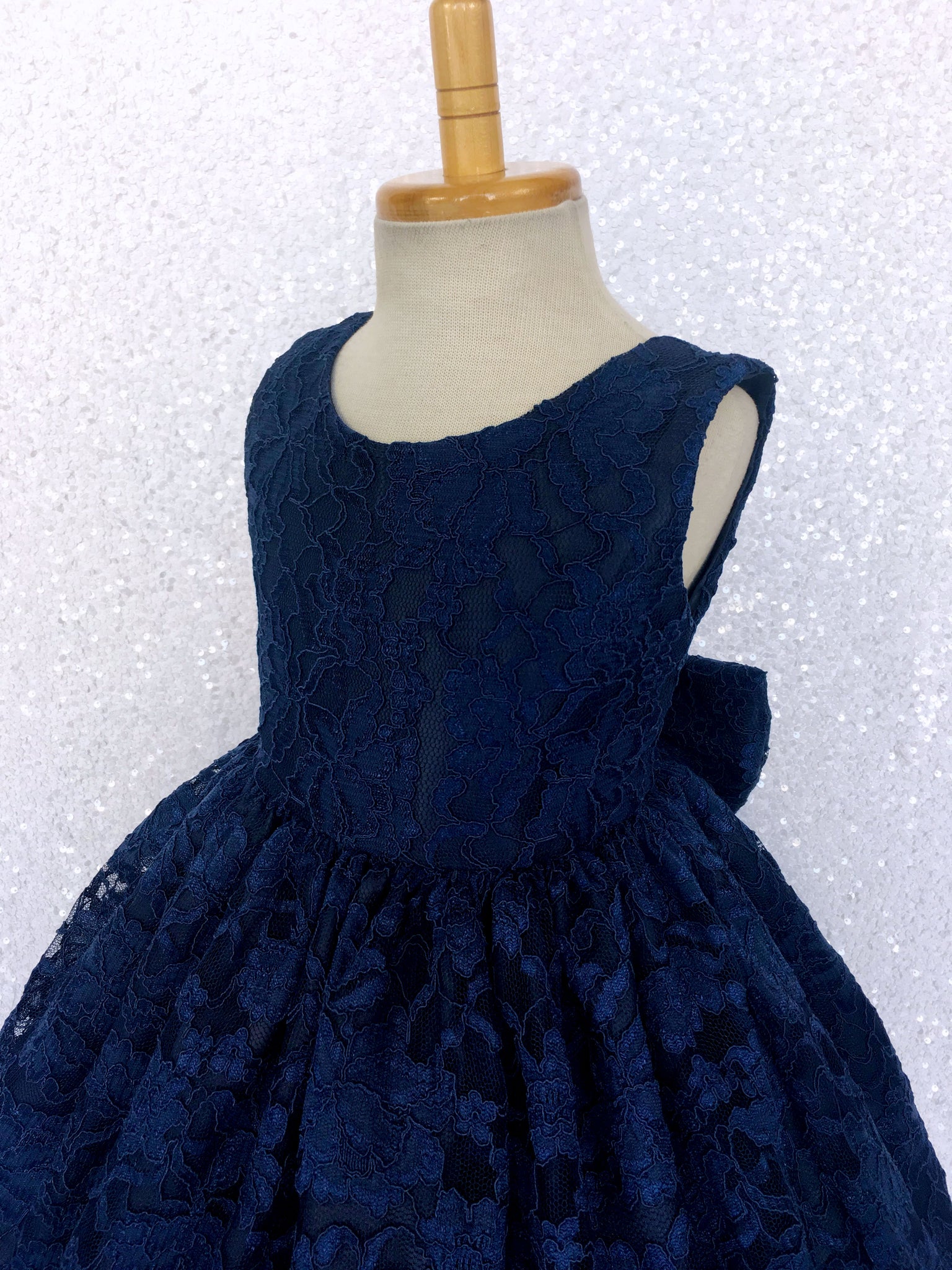 Sleeveless Navy French Lace V-Back Dress Bow