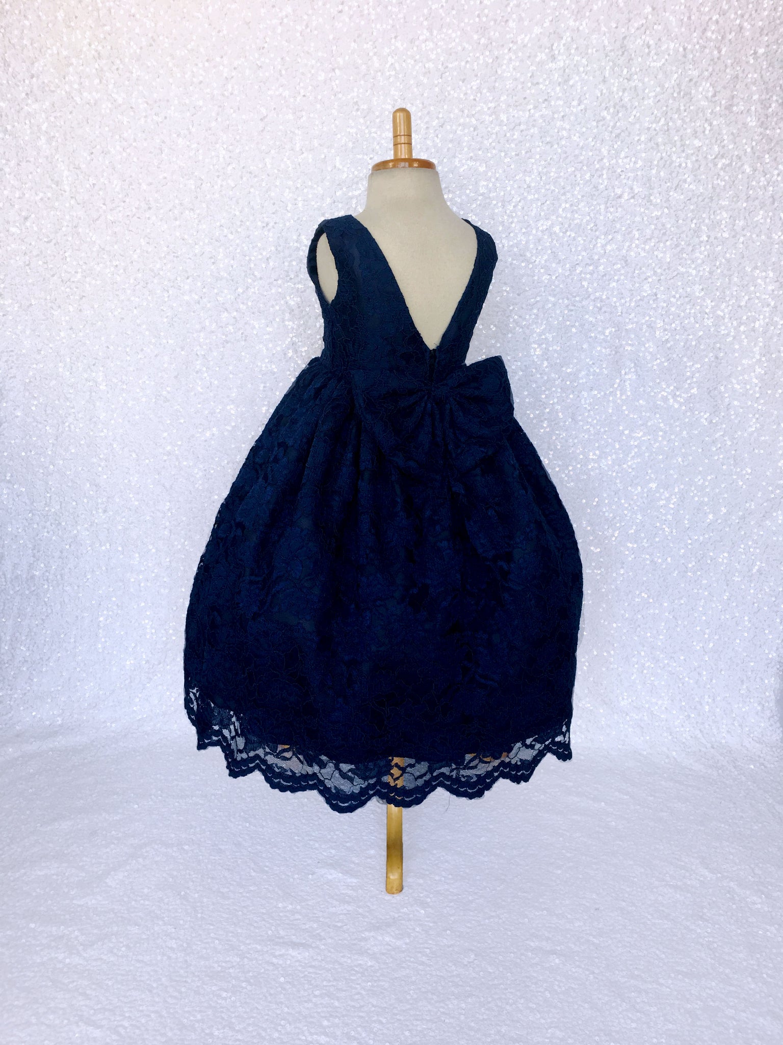 Sleeveless Navy French Lace V-Back Dress Bow