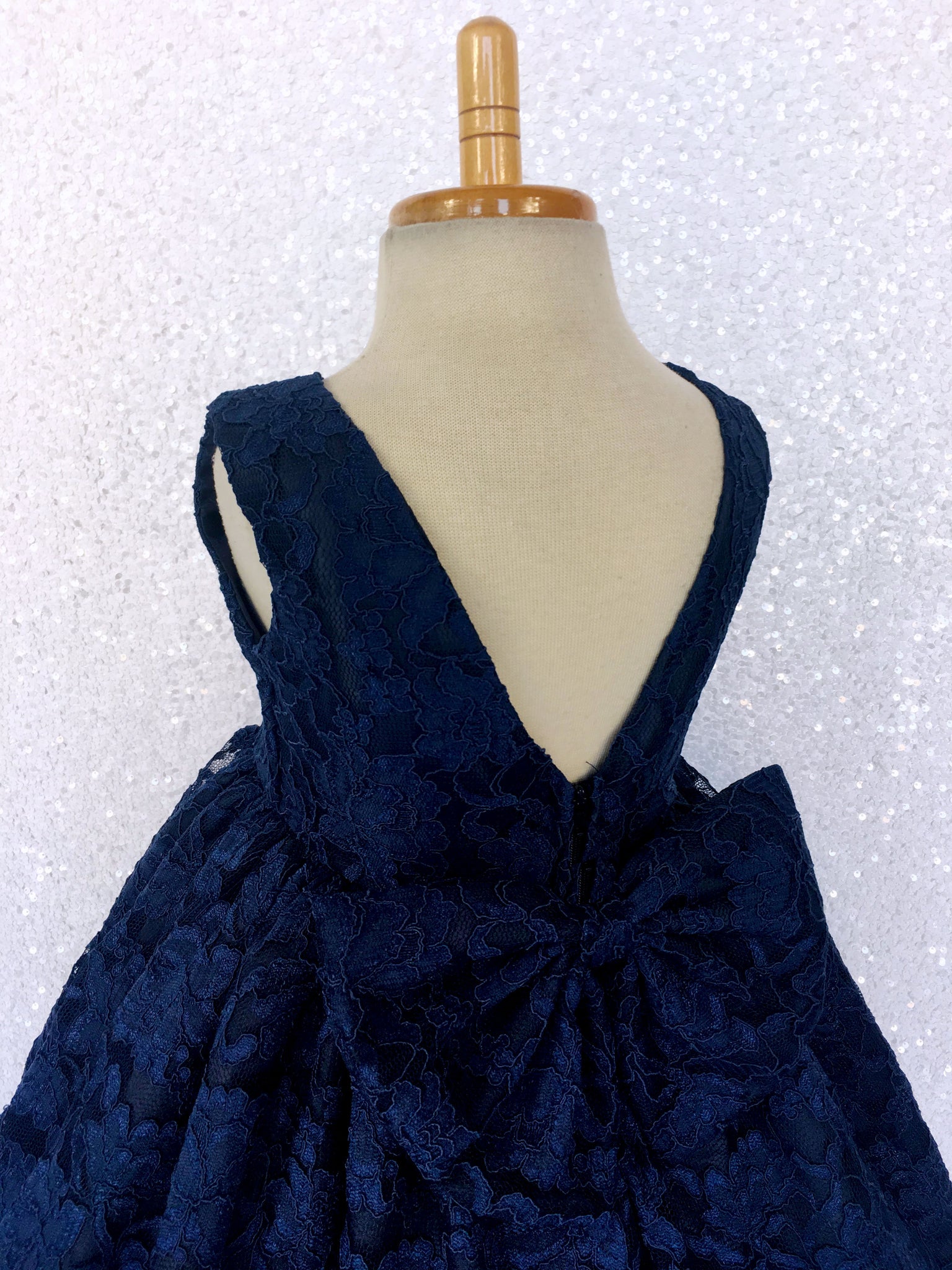 Sleeveless Navy French Lace V-Back Dress Bow