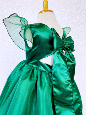 Knee Length Hunter Green Satin Organza Cap Sleeve Dress