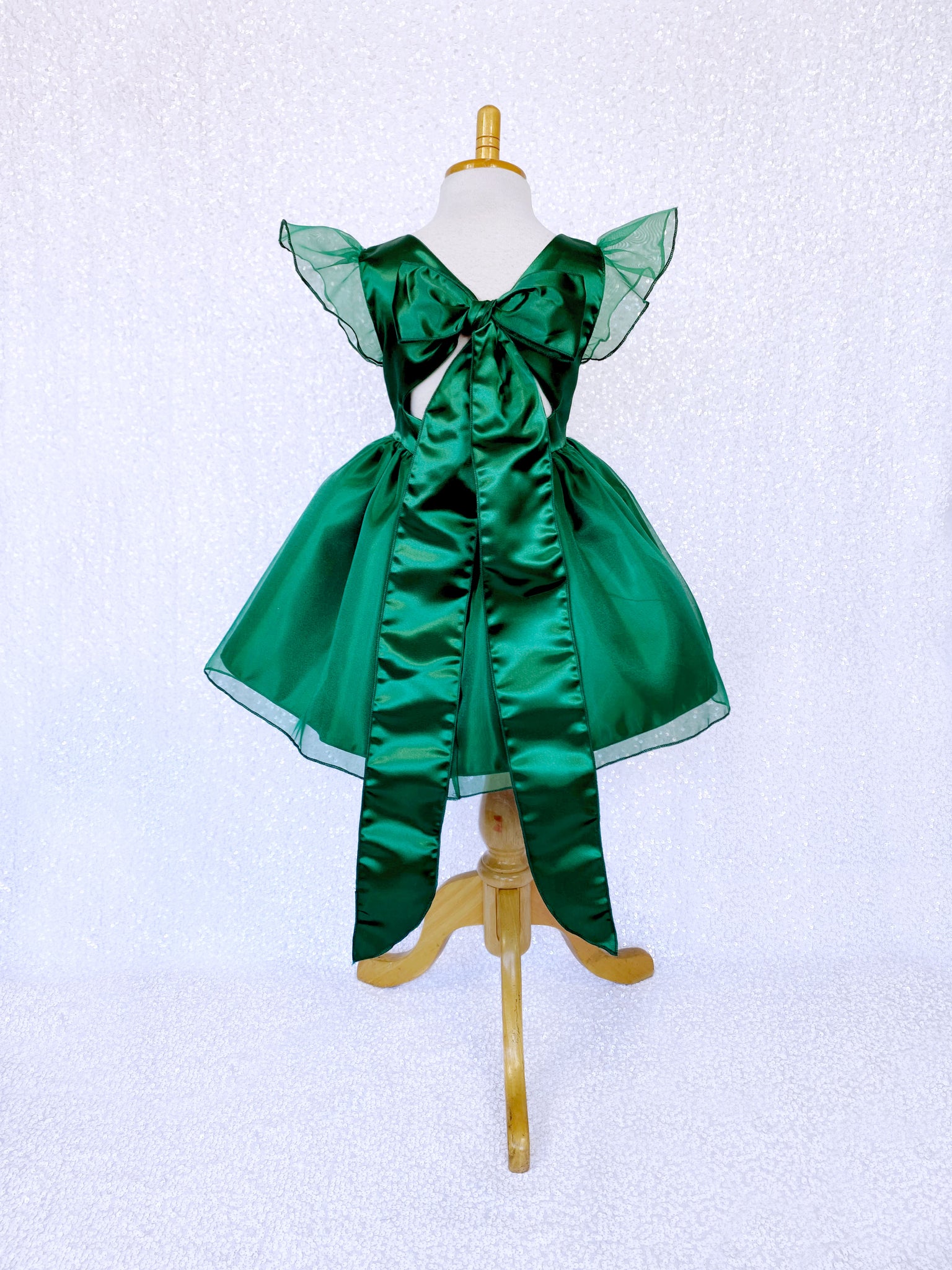 Knee Length Hunter Green Satin Organza Cap Sleeve Dress