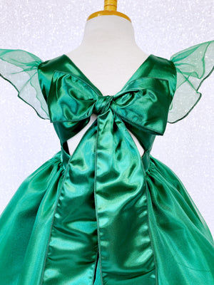 Knee Length Hunter Green Satin Organza Cap Sleeve Dress