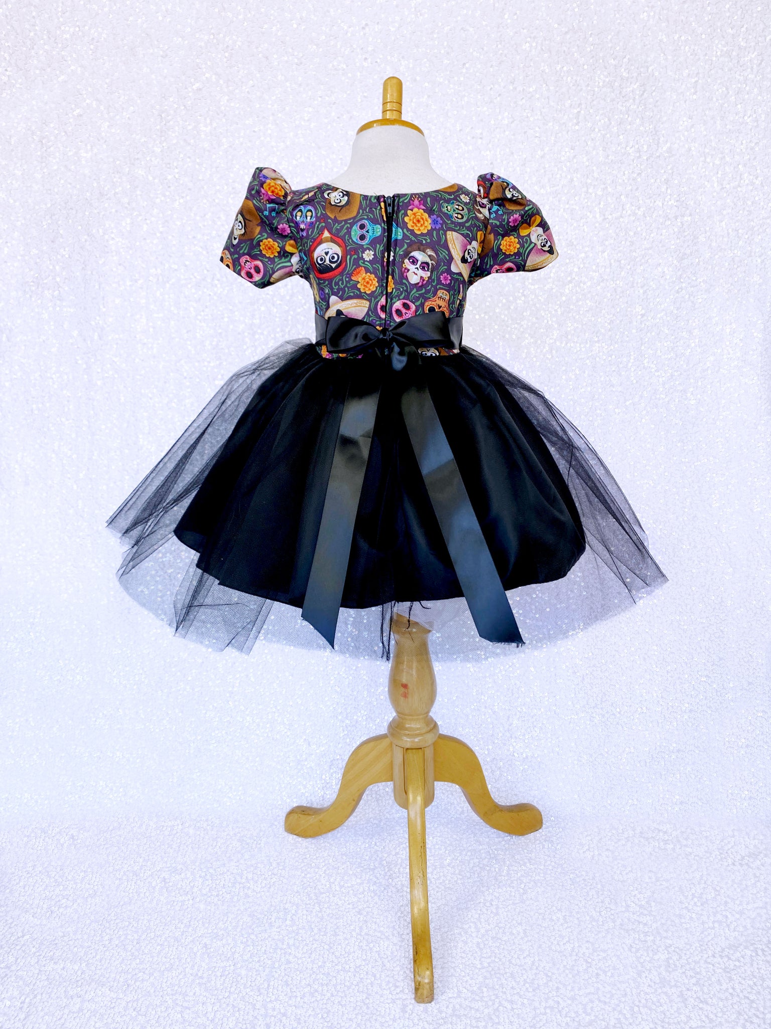 Short Sleeve Coco Inspired Dia De Los Muertos 2 Layer Black Tulle Dress