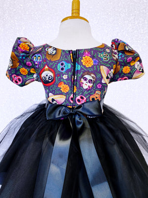 Short Sleeve Coco Inspired Dia De Los Muertos 2 Layer Black Tulle Dress