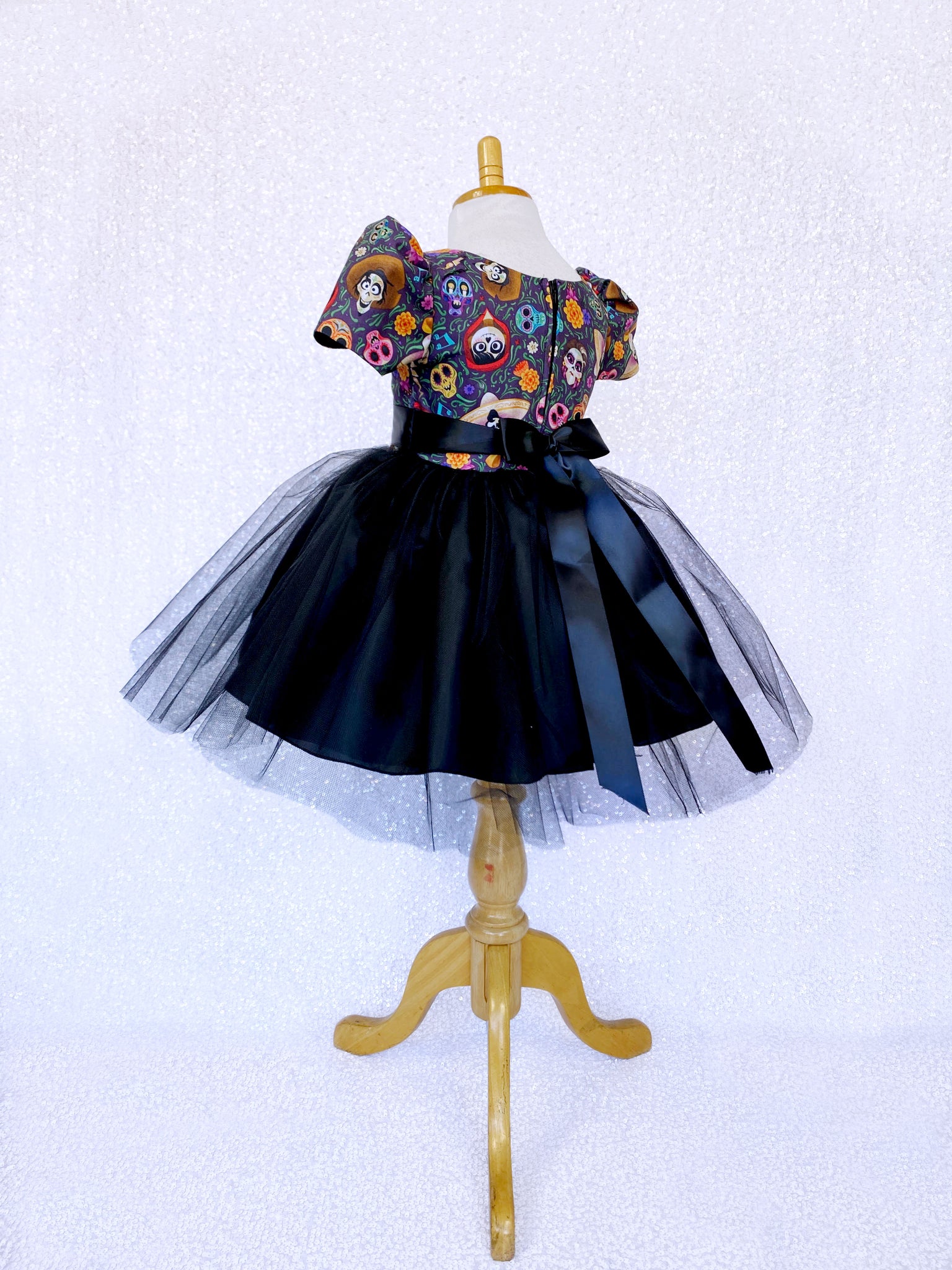 Short Sleeve Coco Inspired Dia De Los Muertos 2 Layer Black Tulle Dress