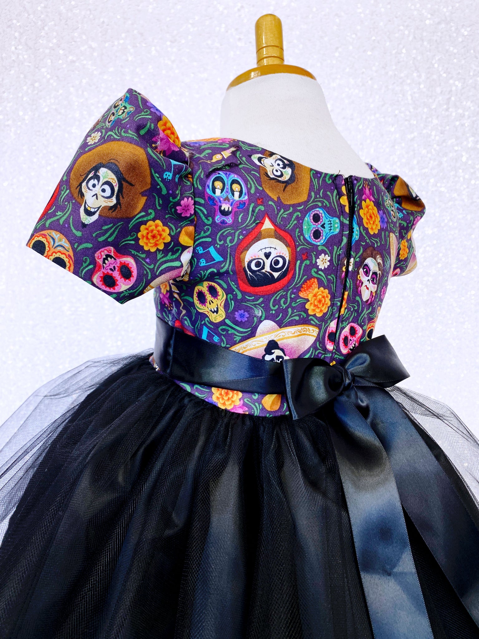 Short Sleeve Coco Inspired Dia De Los Muertos 2 Layer Black Tulle Dress