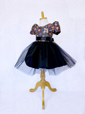 Short Sleeve Coco Inspired Dia De Los Muertos 2 Layer Black Tulle Dress