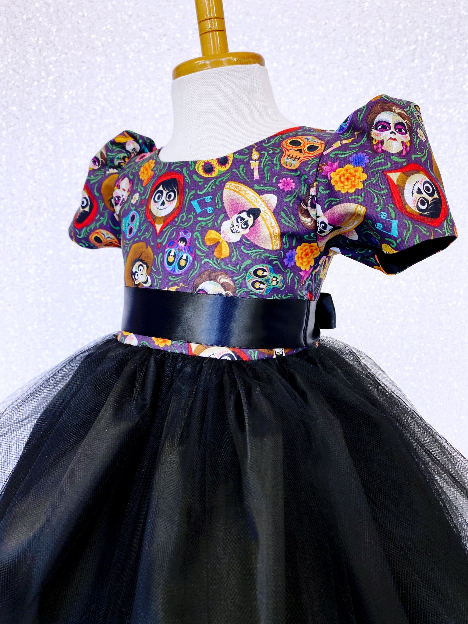 Short Sleeve Coco Inspired Dia De Los Muertos 2 Layer Black Tulle Dress