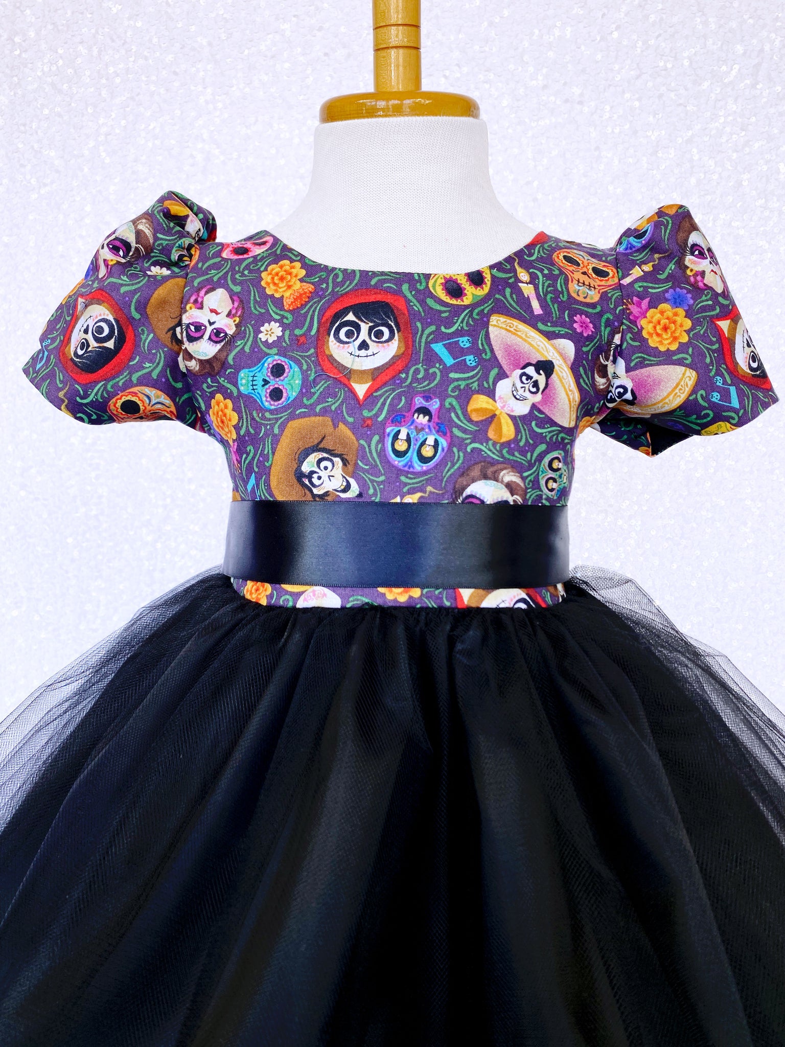 Short Sleeve Coco Inspired Dia De Los Muertos 2 Layer Black Tulle Dress