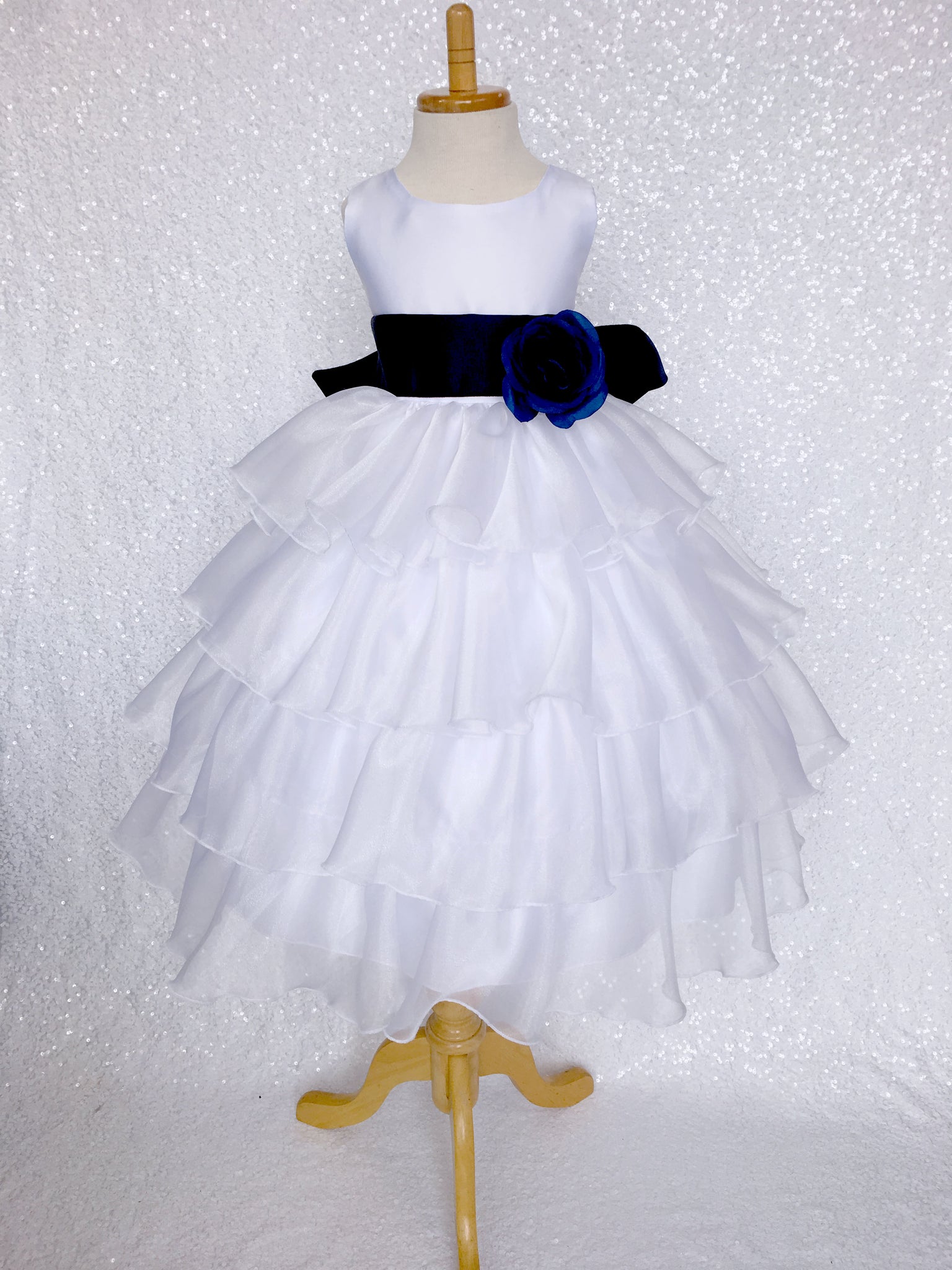 White Organza Ruffle Sleeveless Satin Dress Teal Sash Flower