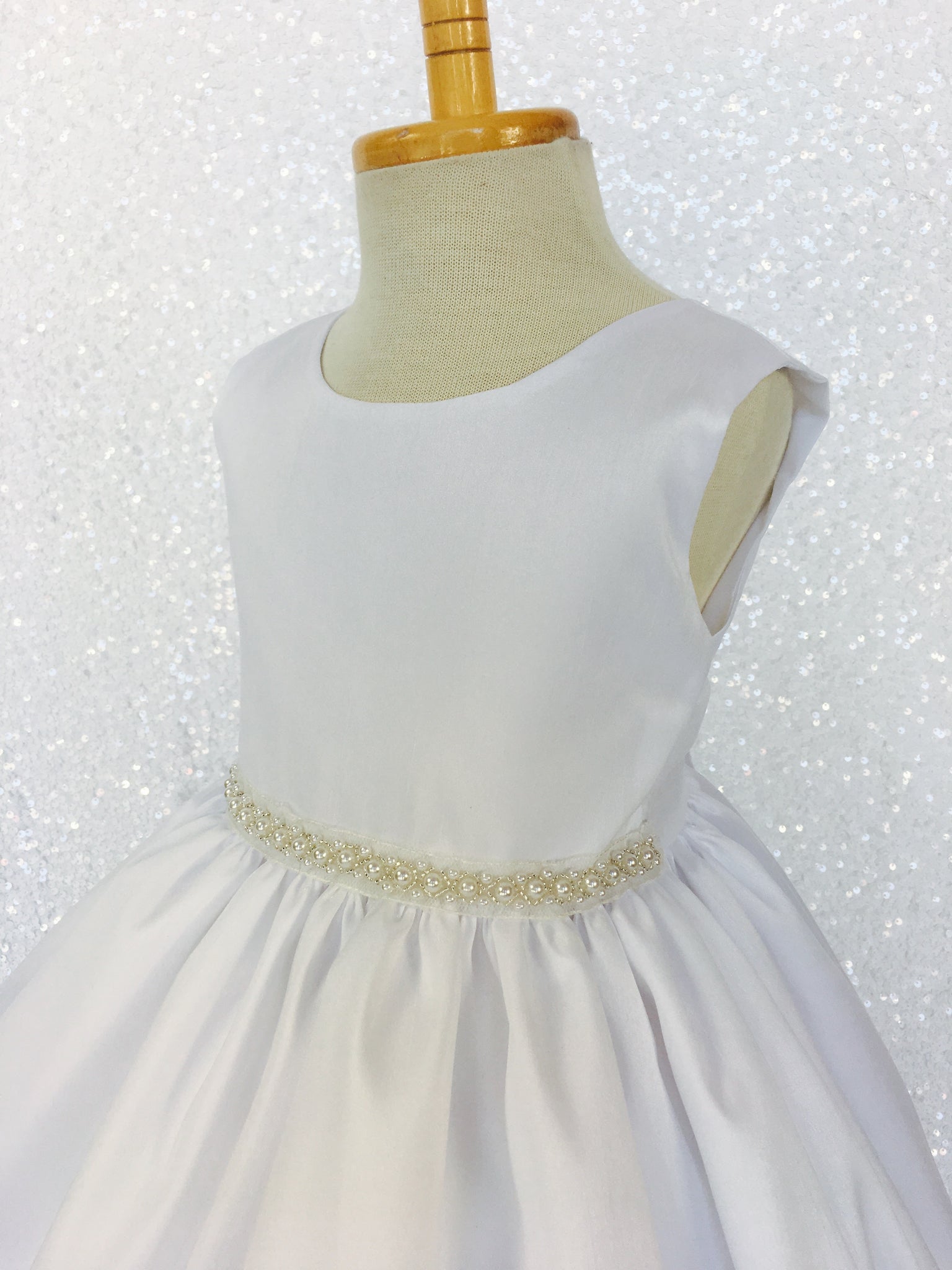 White Shantung Pearl Sleeveless Dress