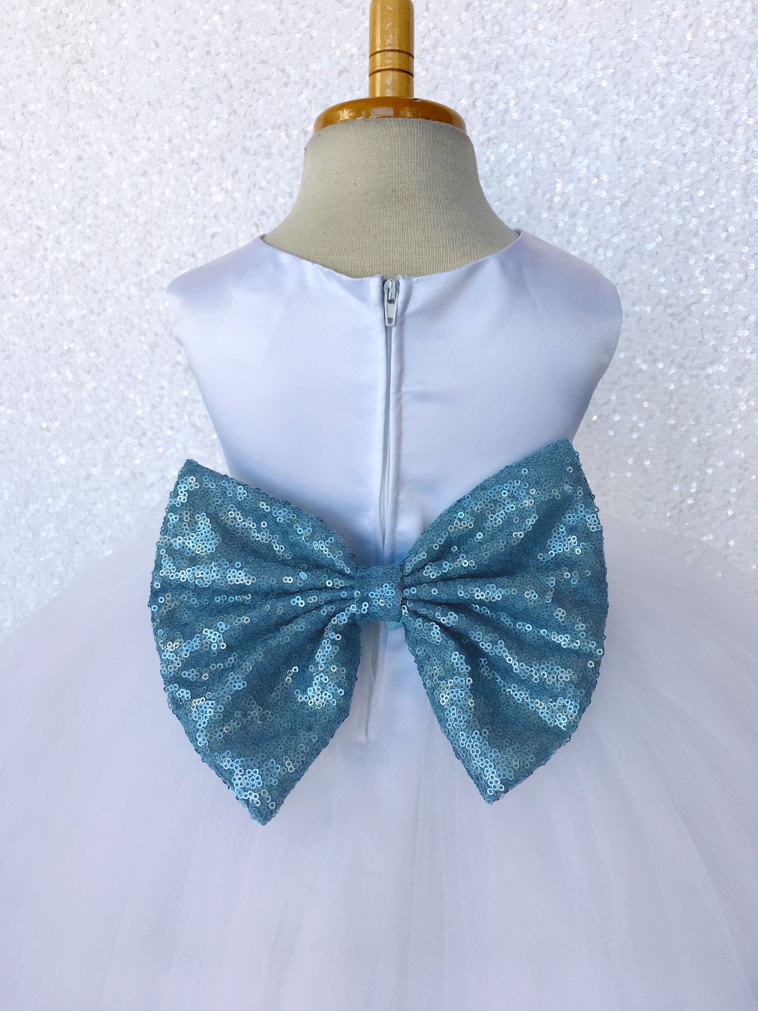 Sleeveless White 4 Layer Tulle Princess Dress Aqua Sequin Bow Ribbon