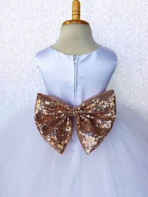 Sleeveless White 4 Layer Tulle Princess Dress Royal Blue Sequin Bow Ribbon