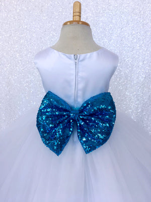 Sleeveless White 4 Layer Tulle Princess Dress Royal Blue Sequin Bow Ribbon