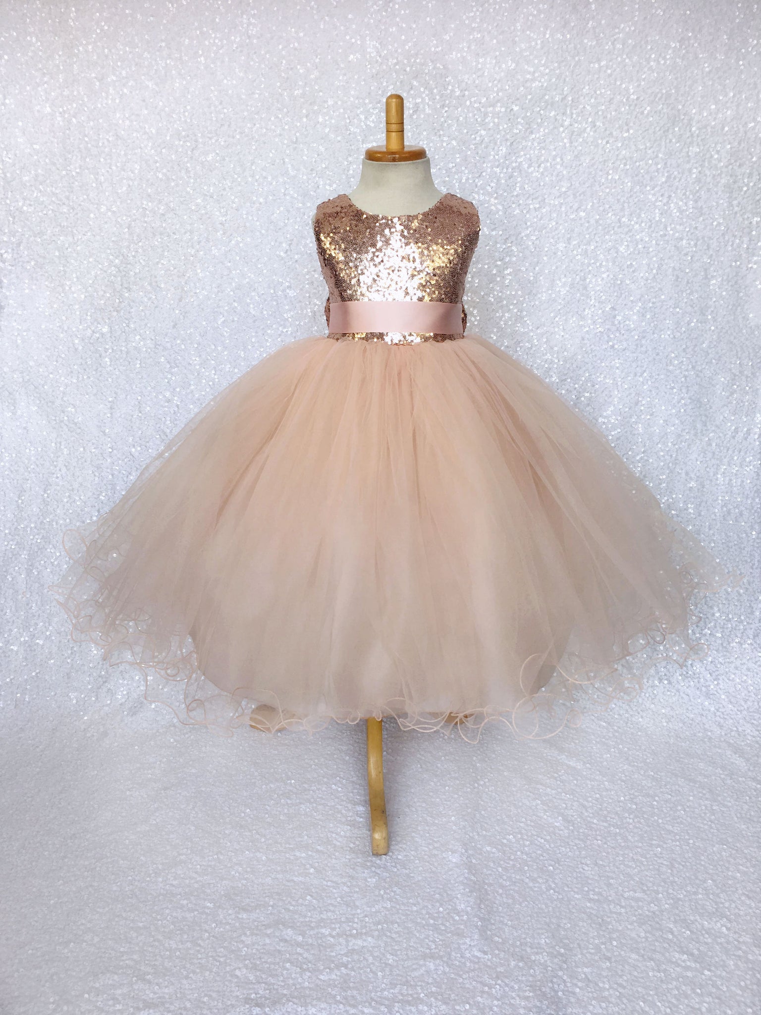 Rose Gold FL Mini Sequin 2 Layer Tulle Dress Bow