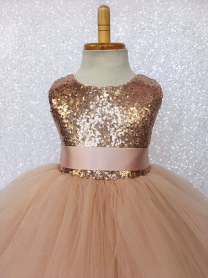 Rose Gold FL Mini Sequin 2 Layer Tulle Dress Bow