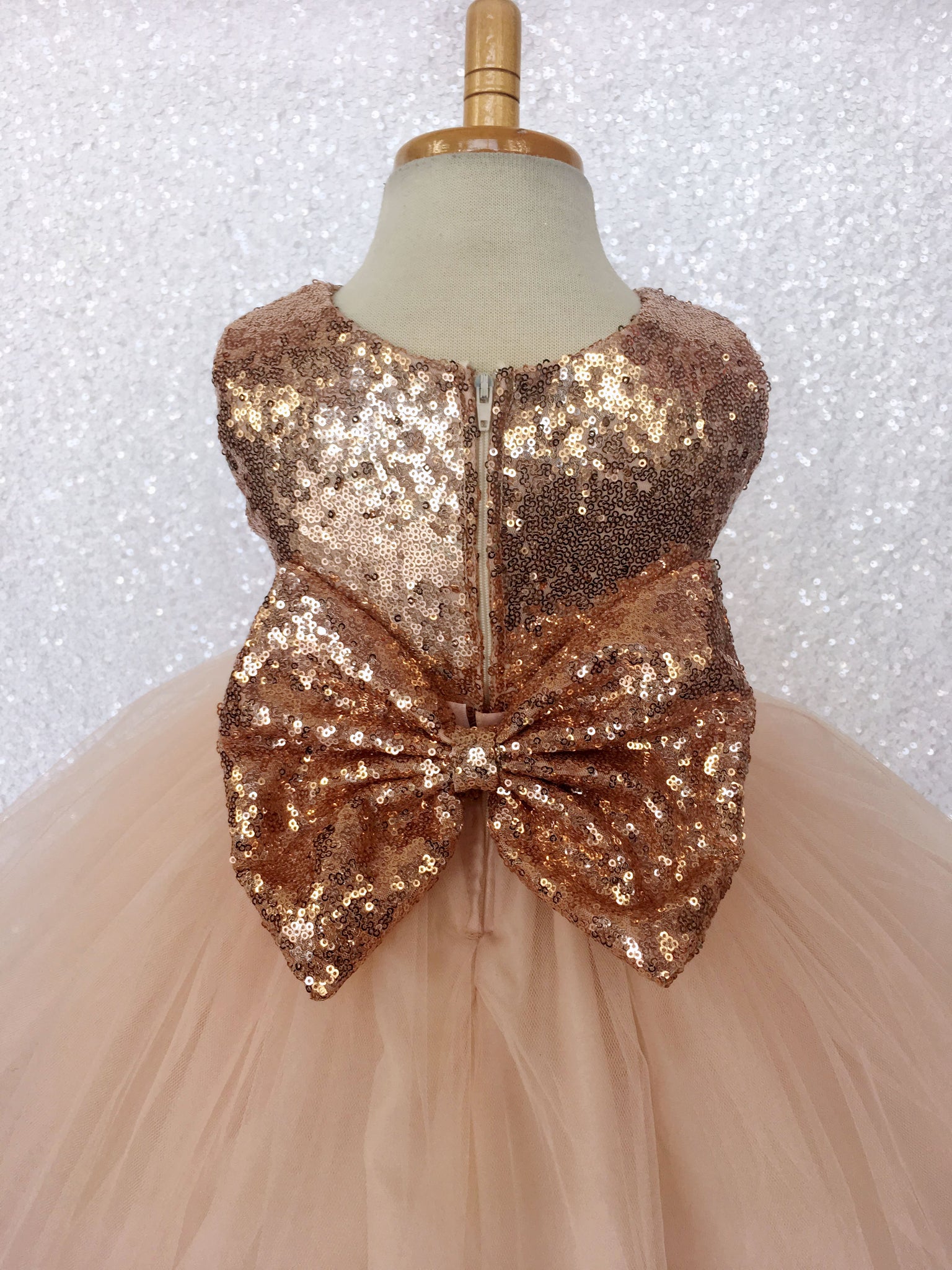 Rose Gold FL Mini Sequin 2 Layer Tulle Dress Bow