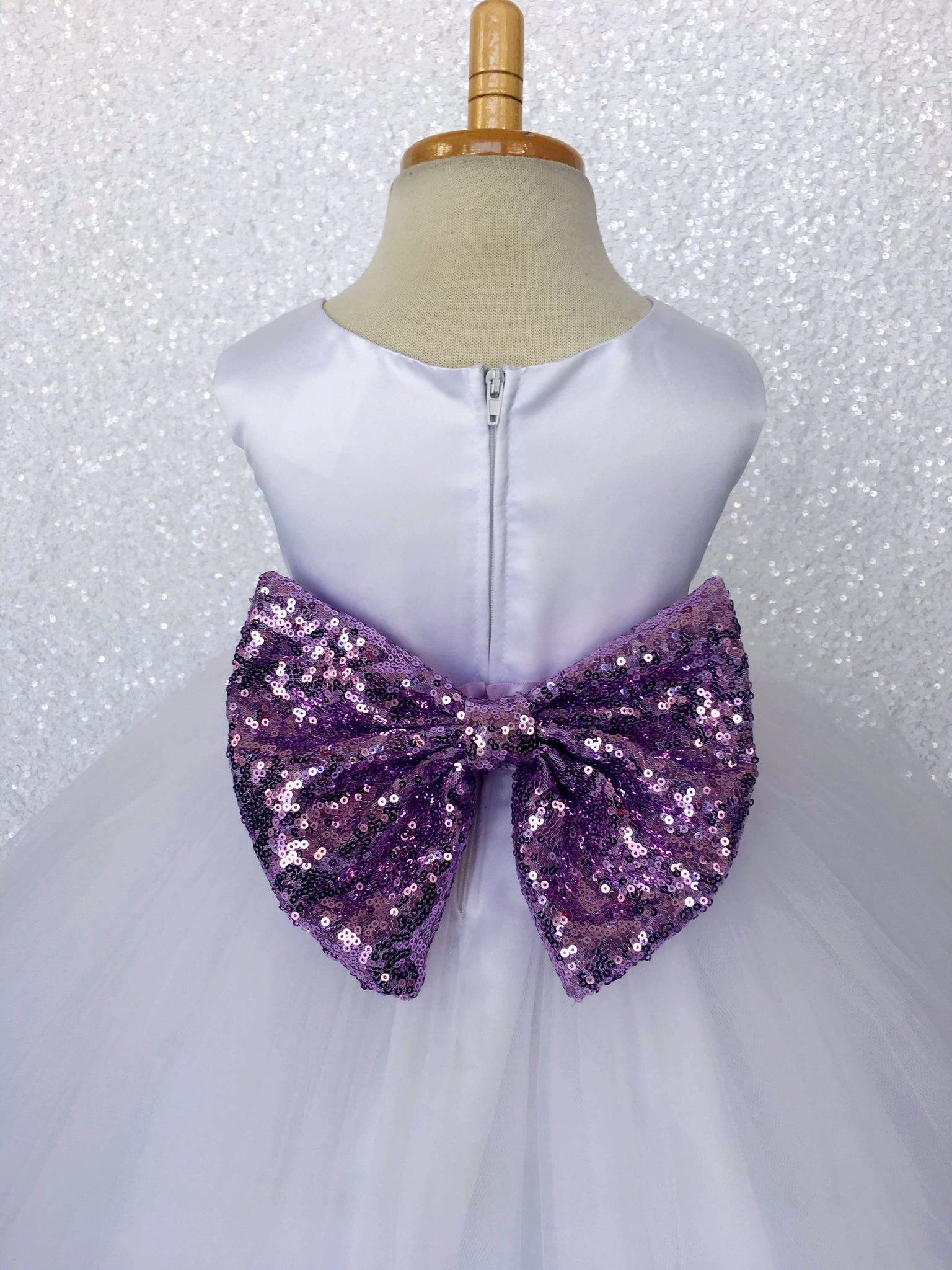 Sleeveless White 4 Layer Tulle Princess Dress Sequin Bow Ribbon