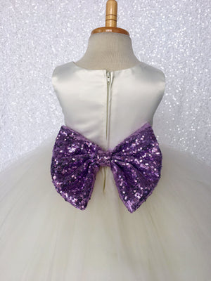 Sleeveless Ivory 4 Layer Tulle Princess Dress Sequin Bow Ribbon