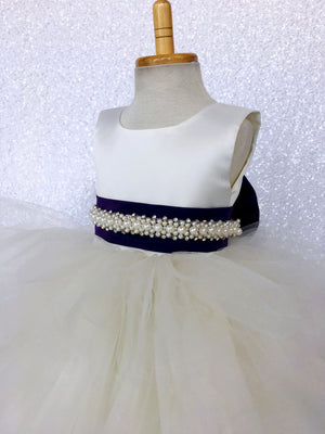 V-Back Ivory Satin Ruffle High Low Dress Navy Blue Sash Bow