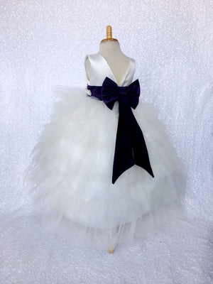 V-Back Ivory Satin Ruffle High Low Dress Plum Sash Bow