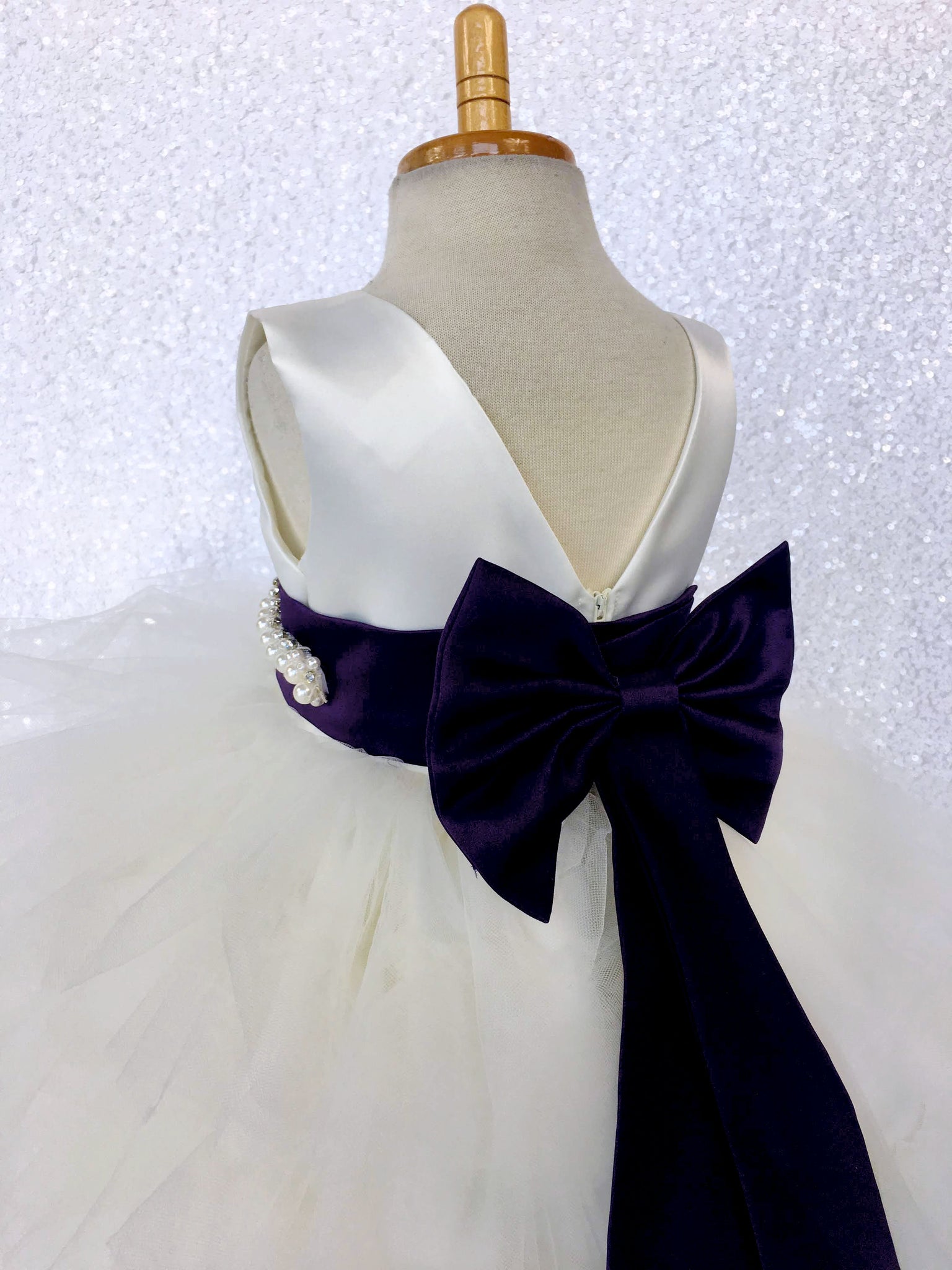 V-Back Ivory Satin Ruffle High Low Dress Plum Sash Bow