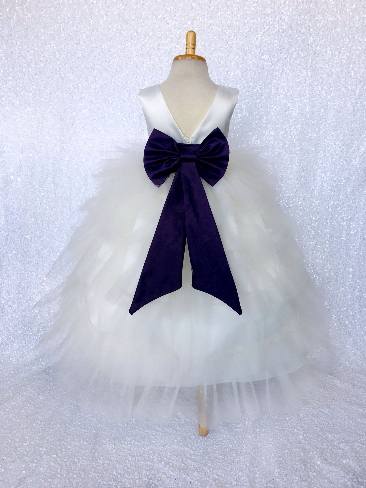 V-Back Ivory Satin Ruffle High Low Dress Plum Sash Bow