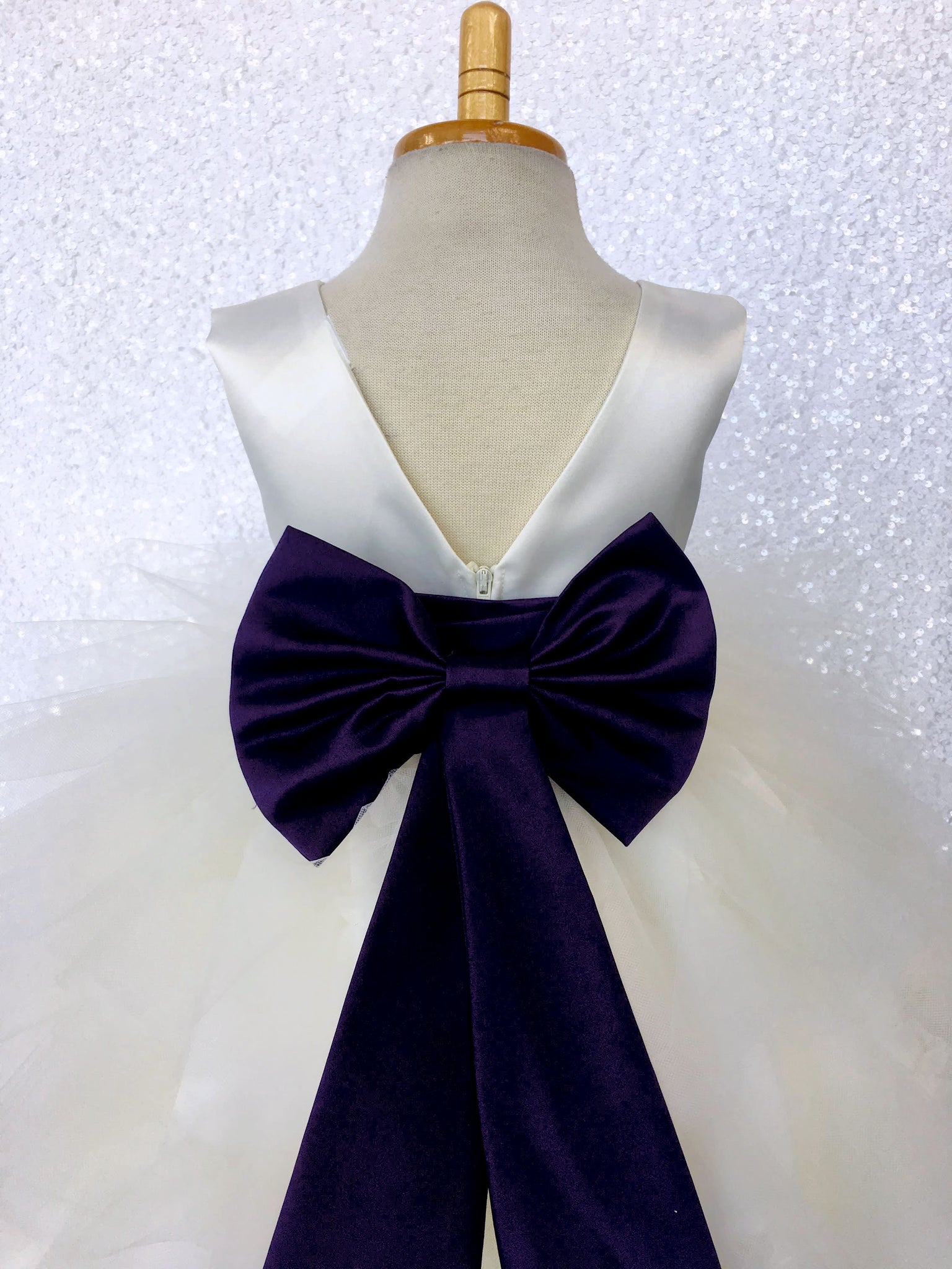 V-Back Ivory Satin Ruffle High Low Dress Plum Sash Bow