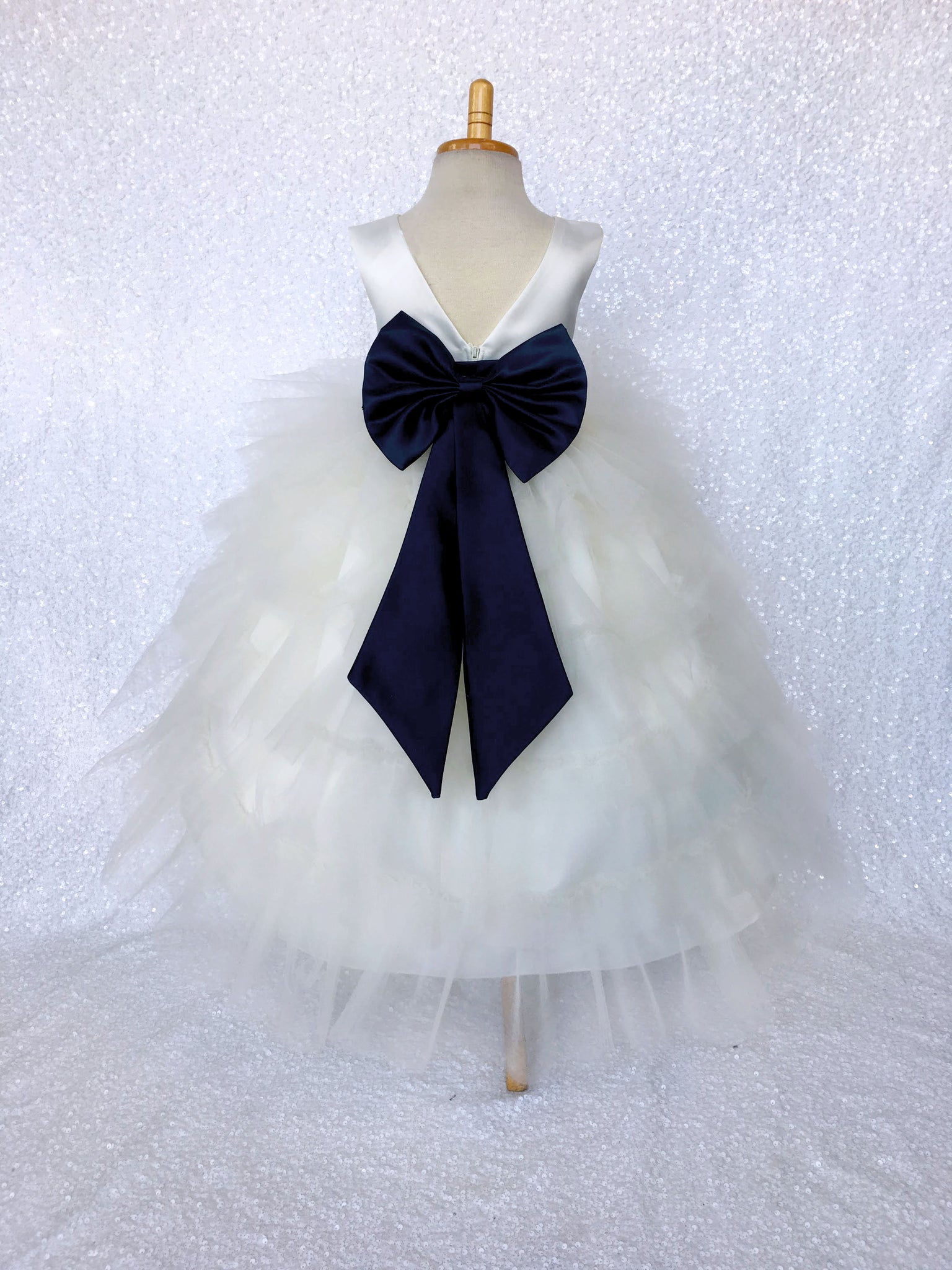 V-Back Ivory Satin Ruffle High Low Dress Navy Blue Sash Bow